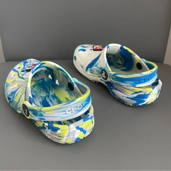 Crocs Kids Classic Marble Clog Blue/Lime/White Dye Power Ranger Jibbitz Size 10C - Picture 7 of 13
